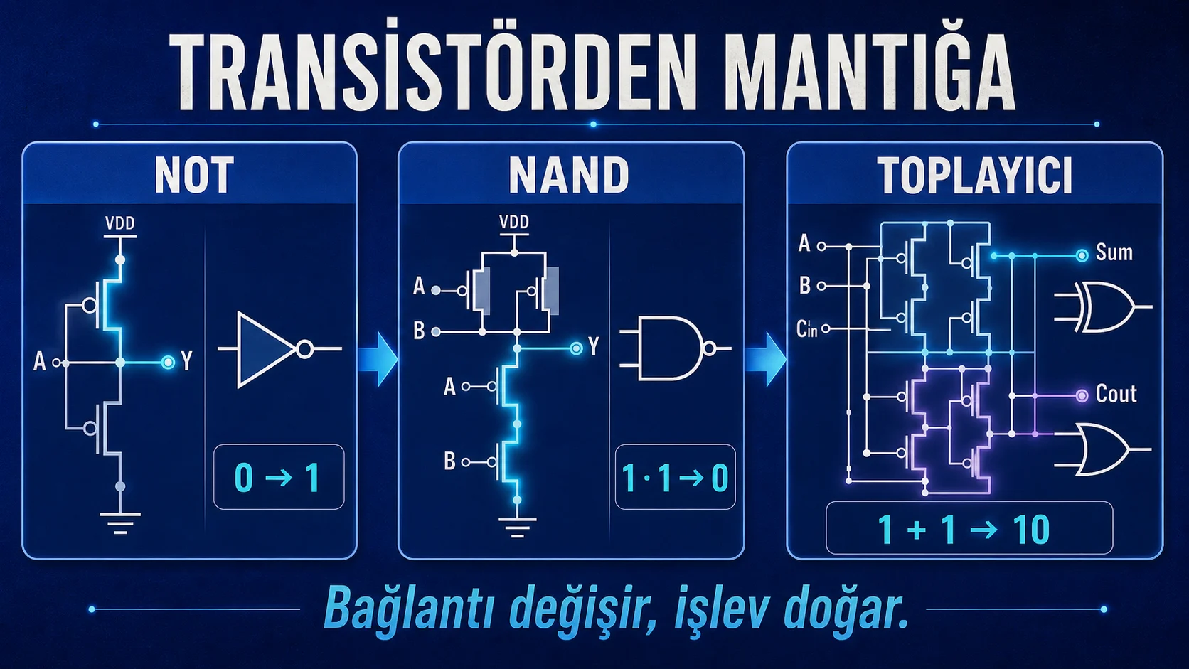 NOT, NAND ve ikili toplayıcı devrelerini örnek giriş ve çıkışlarla anlatan Türkçe infografik