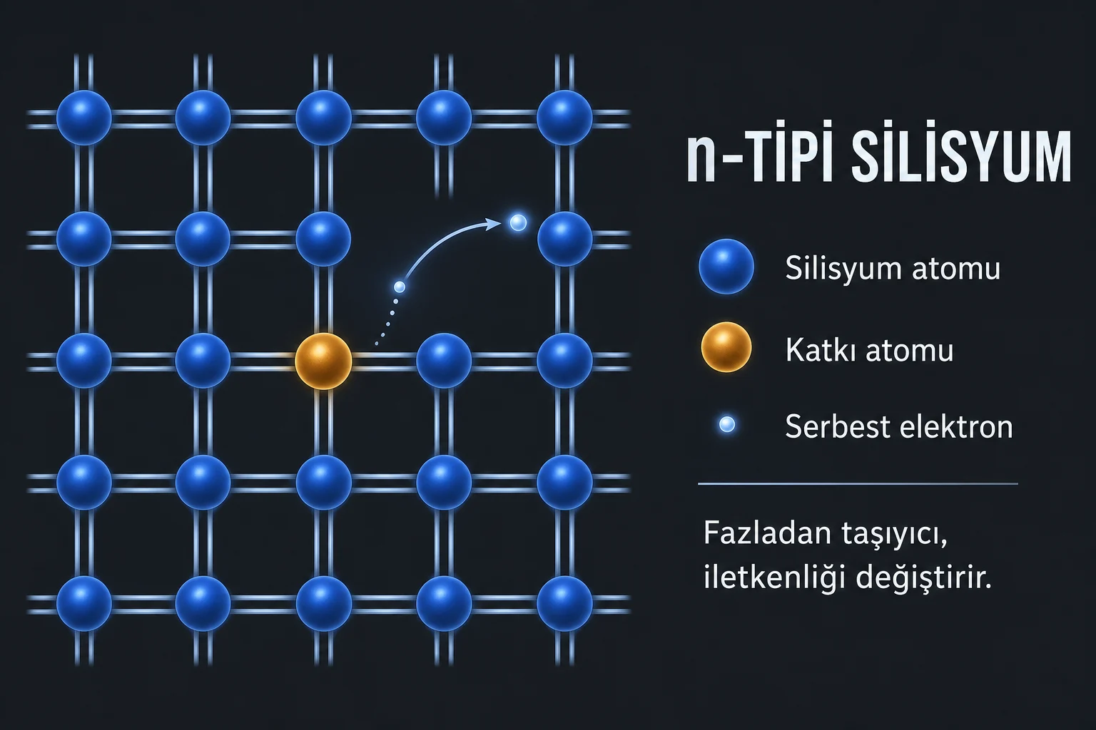 n-tipi silisyumda katkı atomunu ve serbest elektronu açıklayan Türkçe etiketli eğitim görseli