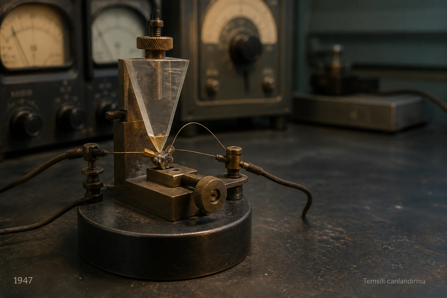 1947 Bell Laboratories çalışma tezgâhındaki erken nokta temaslı transistör deneyinin temsili canlandırması