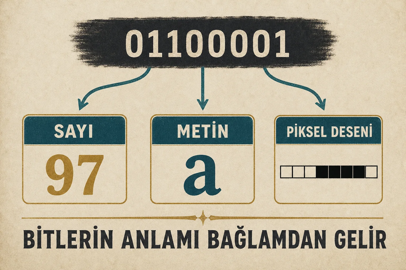 01100001 bit dizisinin sayı, metin veya piksel deseni olarak farklı yorumlanabildiğini gösteren infografik