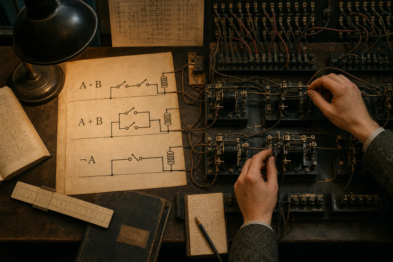1930'lar röle laboratuvarında Boolean ifadeleriyle seri ve paralel anahtar devrelerini eşleyen temsili tarih sahnesi