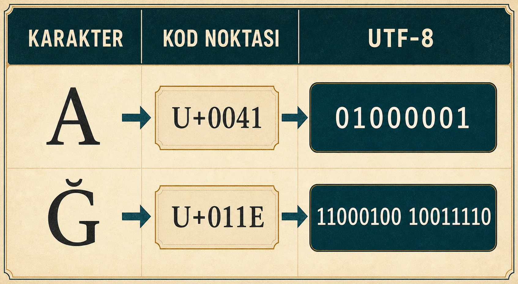 A ve Ğ karakterlerini Unicode kod noktaları ve UTF-8 bit dizileriyle eşleyen infografik