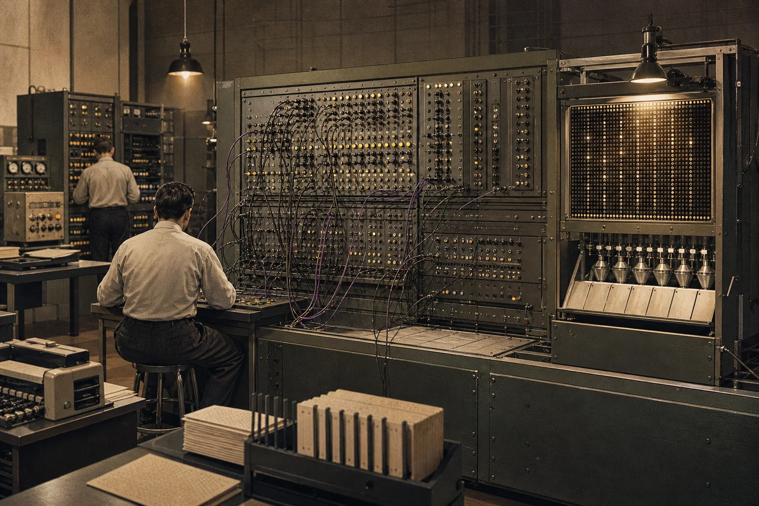 1950'lerin sonundaki bir araştırma laboratuvarında kablolu öğrenme makinesini gösteren temsili illüstrasyon