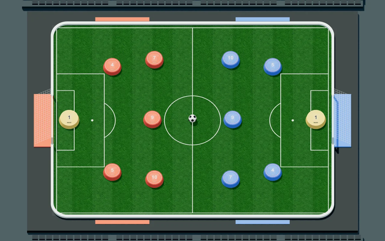 Arena futbolunda kırmızı ve mavi takımlar, çim saha ve iki kaleci